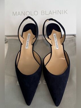NEW Manolo Blahnik Navy Slingback Kitten Heels Size 39 – Current Season, Box